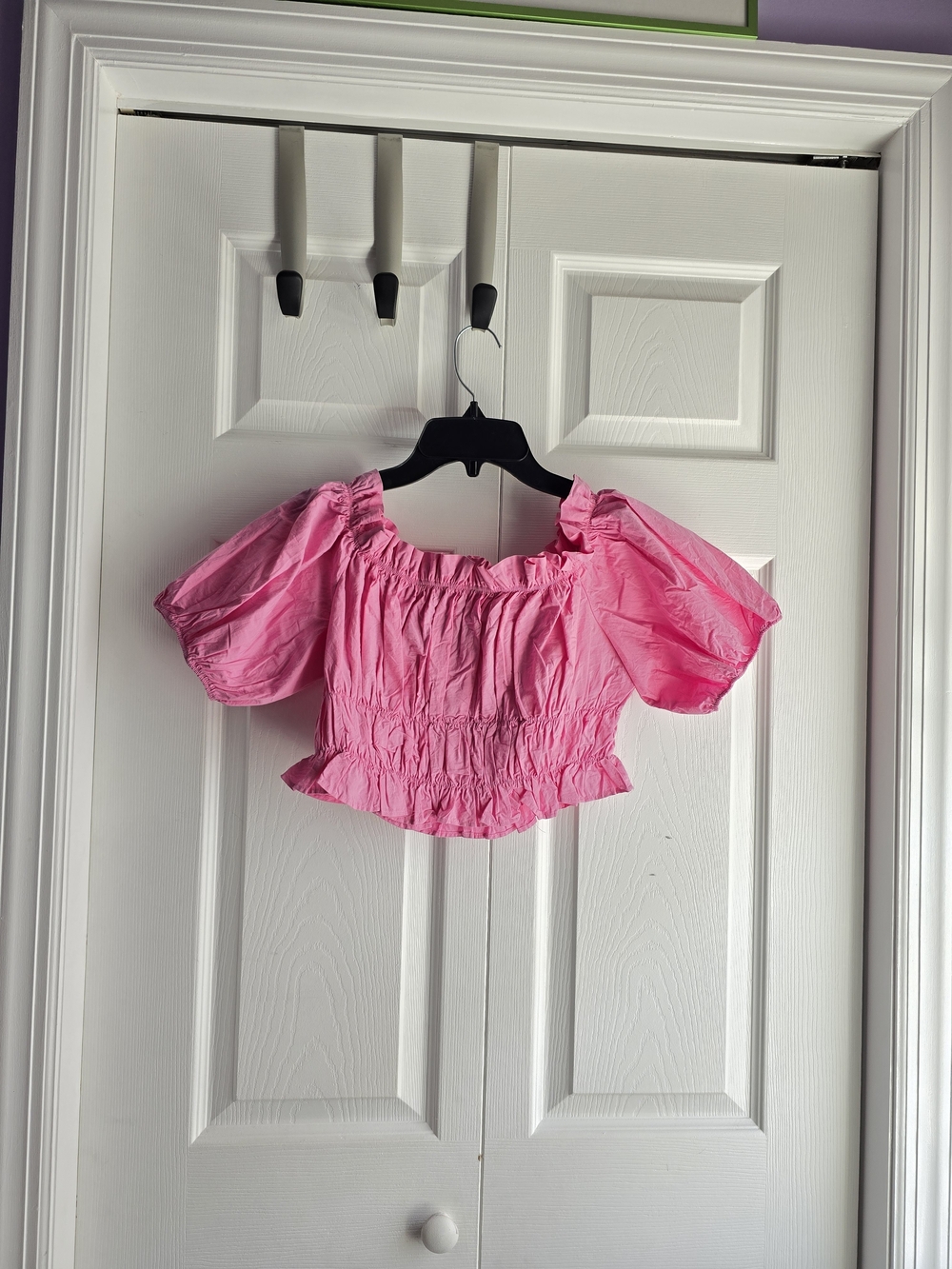 Zara Bright Pink Puff-Sleeve/off-shoulder Smocked Crop Top Size L